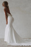 Simple Mermaid V-Neck Elastic White Satin Long Wedding Dress TD0016-Tirdress