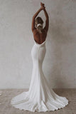 Simple Mermaid V-Neck Elastic White Satin Long Wedding Dress TD0016-Tirdress