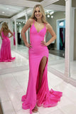 Simple Spaghetti Straps V Neck Pink Prom Dress With Split TP1404-Tirdress