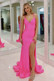 Simple Spaghetti Straps V Neck Pink Prom Dress With Split TP1404