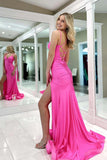 Simple Spaghetti Straps V Neck Pink Prom Dress With Split TP1404-Tirdress