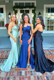 Simple Strapless Mermaid Satin Mint Prom Dress with Slit TP1373-Tirdress