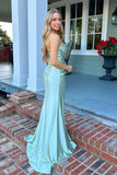 Simple Strapless Mermaid Satin Mint Prom Dress with Slit TP1373-Tirdress