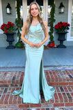 Simple Strapless Mermaid Satin Mint Prom Dress with Slit TP1373