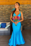 Simple V Neck Blue Mermaid Long Prom Dress Party Dress TP1417