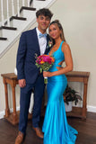 Simple V Neck Blue Mermaid Long Prom Dress Party Dress TP1417-Tirdress