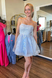 Sky Blue Tulle Short Backless Homecoming Dress with Appliques TN427