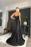 Spaghetti Straps Appliques Side Split Black Long Prom Dress TP1383-Tirdress