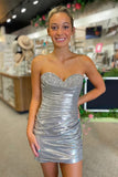 Sparkly Beaded Strapless Satin Tight Silver Homecoming Dress TN425