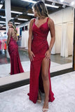 Sparkly Dark Red V Neck Sequins Long Prom Dress with Slit TP1406