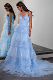 Sparkly Light Blue Long Tiered Tulle Prom Dress Party Dress TP1389