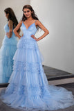 Sparkly Light Blue Long Tiered Tulle Cute Prom Dress TP1389-Tirdress