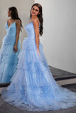 Sparkly Light Blue Long Tiered Tulle Cute Prom Dress TP1389-Tirdress