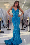 Sparkly Mermaid Spaghetti Straps Blue Prom Dress Formal Dress TP1415