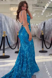 Sparkly Mermaid Spaghetti Straps Blue Prom Dress Formal Dress TP1415-Tirdress