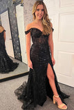 Sparkly Off Shoulder Mermaid Black Long Prom Dress with Slit TP1380-Tirdress