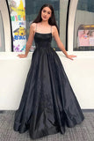 Sparkly Spaghetti Straps Black Long Prom Dress with Appliques TP1376