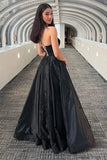 Sparkly Spaghetti Straps Black Long Prom Dress with Appliques TP1376