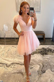 Sparkly V-Neck A-Line Pink Homecoming Dress with Feathers TN414-Tirdress