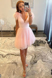 Sparkly V-Neck A-Line Pink Homecoming Dress with Feathers TN414-Tirdress