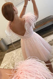 Sparkly V-Neck A-Line Pink Homecoming Dress with Feathers TN414-Tirdress