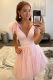 Sparkly V-Neck A-Line Pink Homecoming Dress with Feathers TN414-Tirdress