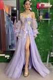 Strapless 3D Floral Lavender Prom Dress with Detachable Sleeves TP1385