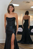 Strapless Appliques Satin Mermaid Black Long Prom Dress TP1325