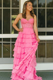 Strapless Lace Bodice Slit Pink Prom Dress with Ruffle Skirt TP1390-Tirdress