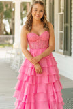 Strapless Lace Bodice Slit Pink Prom Dress with Ruffle Skirt TP1390-Tirdress