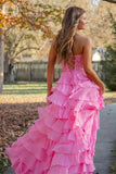 Strapless Lace Bodice Slit Pink Prom Dress with Ruffle Skirt TP1390-Tirdress