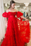 Strapless Ruffles A-Line Red Long Prom Dress with Puff Sleeves TP1360