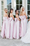 Strapless Satin Pink Long Bridesmaid Dress with Big Bow TY0038-Tirdress