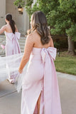 Strapless Satin Pink Long Bridesmaid Dress with Big Bow TY0038-Tirdress