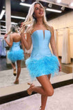 Strapless Sky Blue Fitted Short Homecoming Dress with Feathers TN405