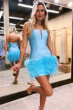 Strapless Sky Blue Fitted Short Homecoming Dress with Feathers TN405-Tirdress