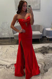 Strapless V-Neck Bow Satin Pleated Slit Red Long Prom Dress TP1391