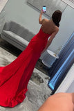 Strapless V-Neck Bow Satin Pleated Slit Red Long Prom Dress TP1391-Tirdress