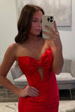 Strapless V-Neck Bow Satin Pleated Slit Red Long Prom Dress TP1391-Tirdress