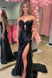 Strapless V-Neck Bow Satin Pleated Slit Red Long Prom Dress TP1391-Tirdress