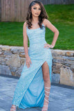 Straps Sequined Long Light Blue Prom Dress With High Slit TP1319