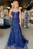 Straps V-Neck Appliques Mermaid Navy Blue Long Prom Dress TP1347-Tirdress