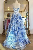 Sweetheart Blue Floral Print Ruffle Prom Dress with Slit TP1408-Tirdress