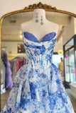 Sweetheart Blue Floral Print Ruffle Prom Dress with Slit TP1408-Tirdress