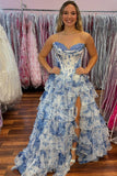 Sweetheart Blue Floral Print Ruffle Prom Dress with Slit TP1408-Tirdress