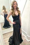 V-Neck Lace-Up Mermaid Black Prom Dress with Slit TP1340-Tirdress