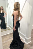 V-Neck Lace-Up Mermaid Black Prom Dress with Slit TP1340-Tirdress