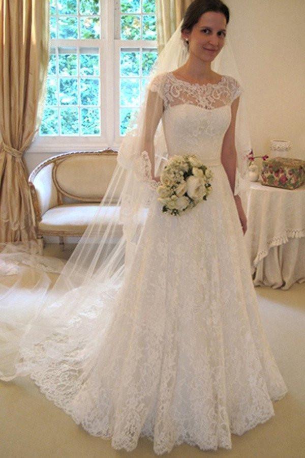 A-line Vintage Lace Wedding Gowns Illusion Neck Wedding Dresses