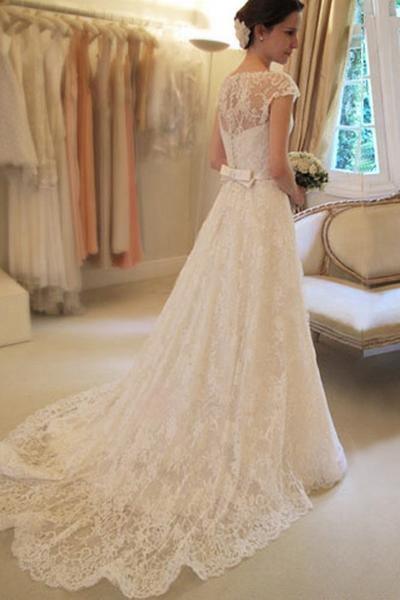 A-line Vintage Lace Wedding Gowns Illusion Neck Wedding Dresses WD318