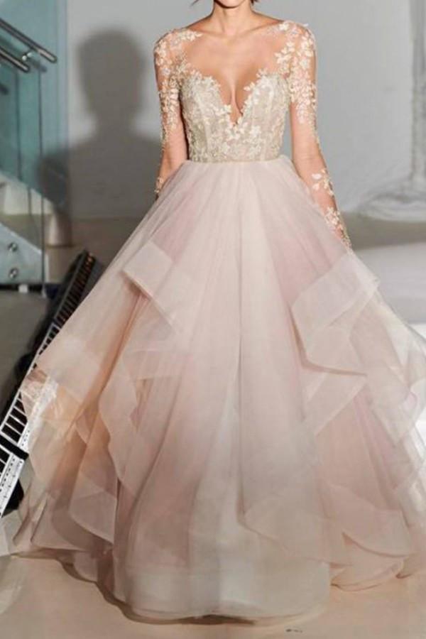 Elegant Lace A-line Long Sleeve High Neck Wedding Dresses WD032